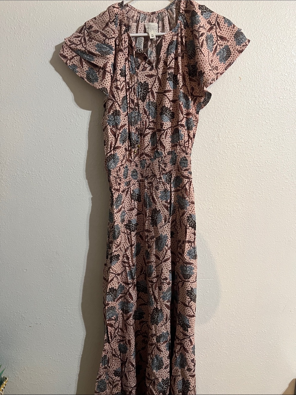 Pink Floral Tie-Neck Maxi Dress with Flutter Sleeves
